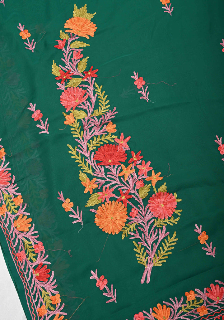Bottle Green Kashmiri Aari Georgette Saree with Floral Embroidery