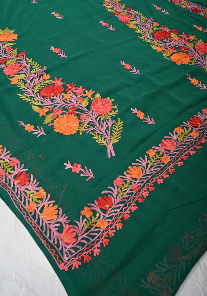 Bottle Green Kashmiri Aari Georgette Saree with Floral Embroidery