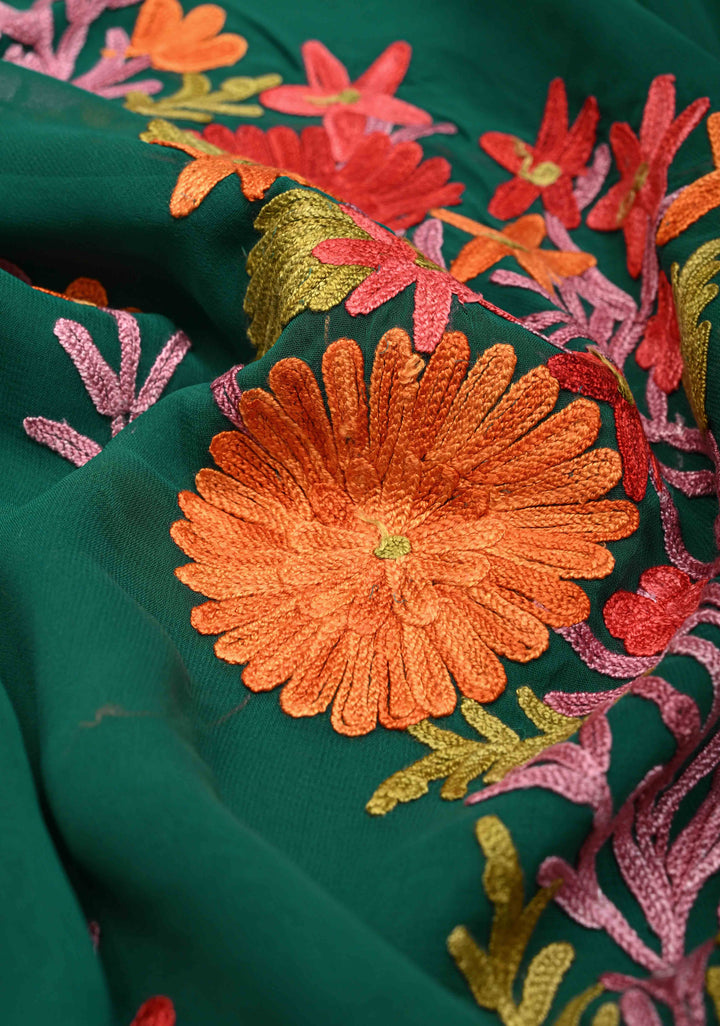 Bottle Green Kashmiri Aari Georgette Saree with Floral Embroidery