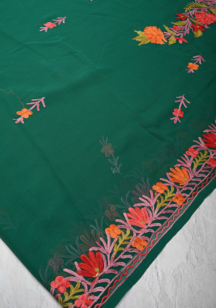 Bottle Green Kashmiri Aari Georgette Saree with Floral Embroidery