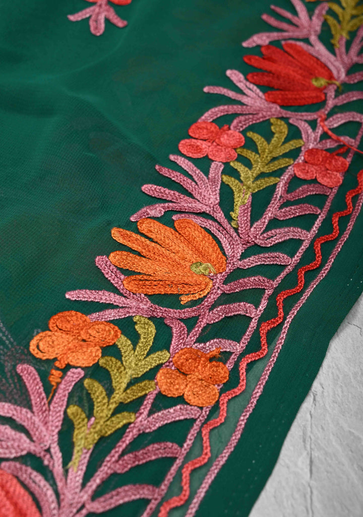 Bottle Green Kashmiri Aari Georgette Saree with Floral Embroidery