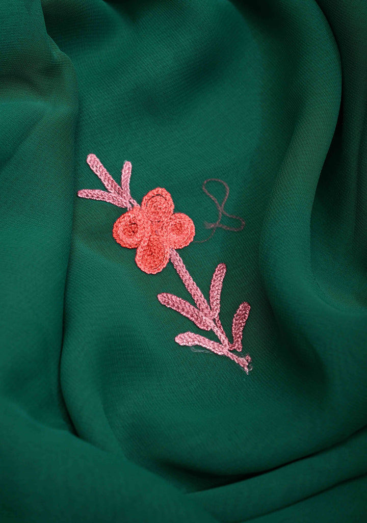 Bottle Green Kashmiri Aari Georgette Saree with Floral Embroidery
