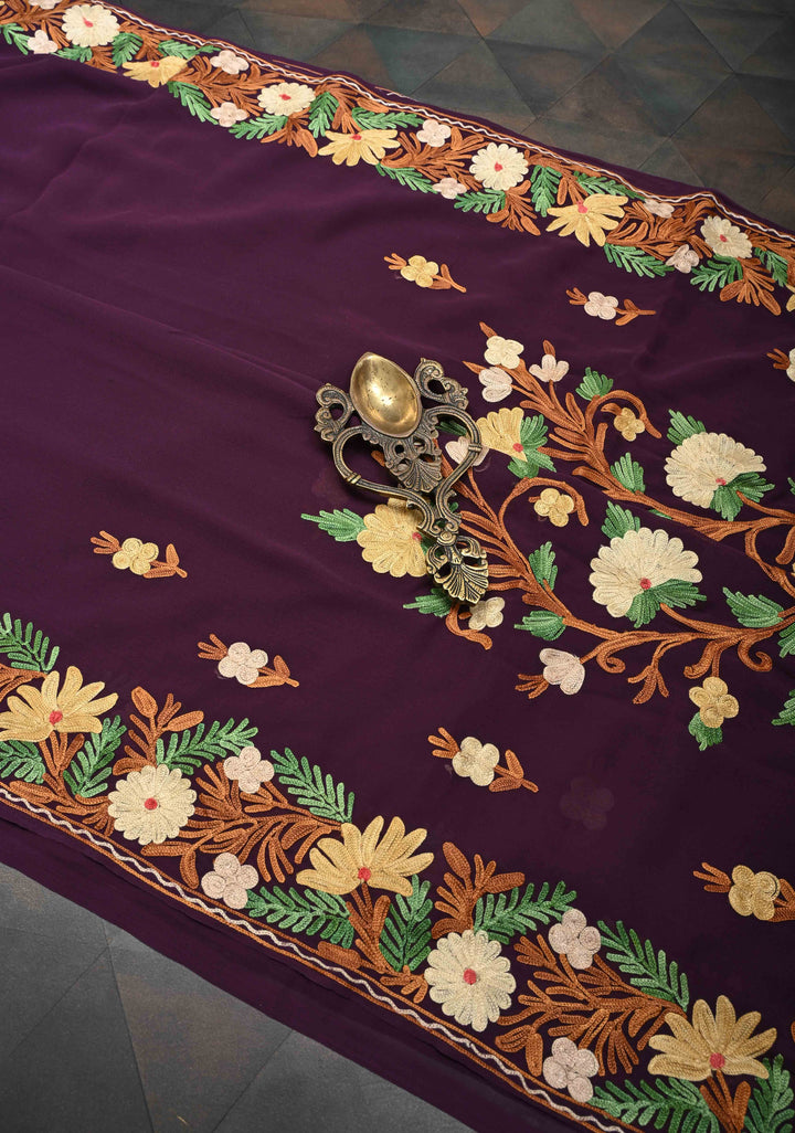 Plum Purple Kashmiri Aari Embroidered Floral Georgette Saree