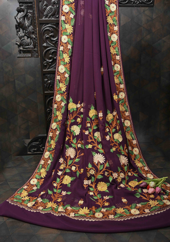 Plum Purple Kashmiri Aari Embroidered Floral Georgette Saree