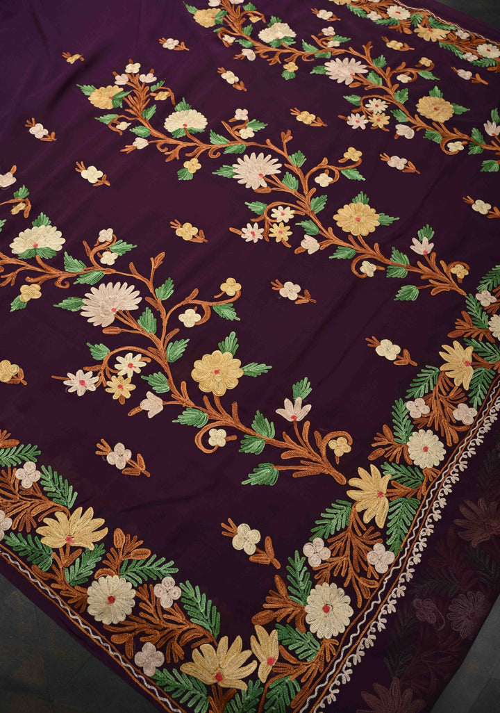 Plum Purple Kashmiri Aari Embroidered Floral Georgette Saree
