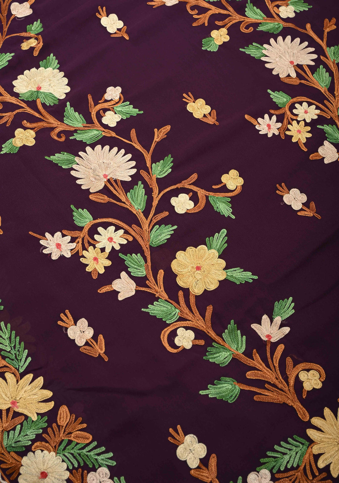 Plum Purple Kashmiri Aari Embroidered Floral Georgette Saree