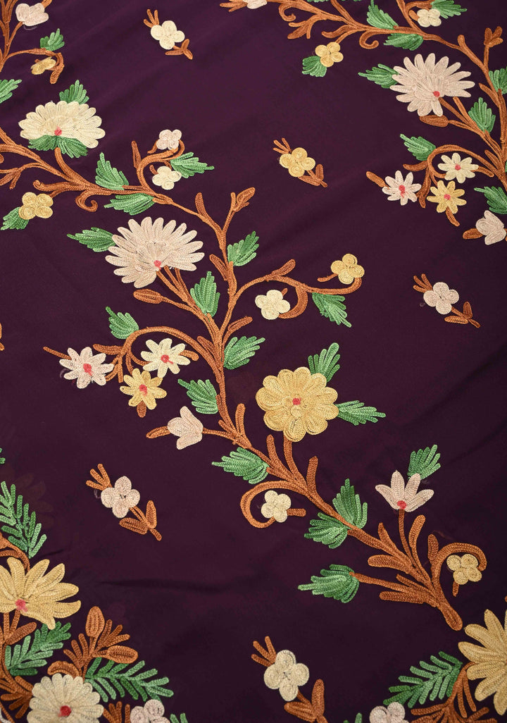 Plum Purple Kashmiri Aari Embroidered Floral Georgette Saree