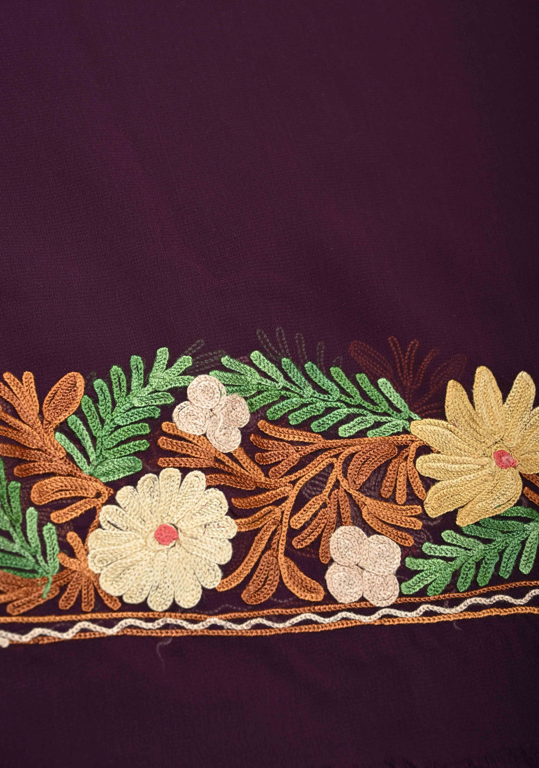 Plum Purple Kashmiri Aari Embroidered Floral Georgette Saree