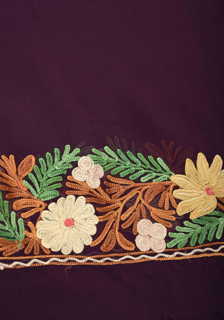 Plum Purple Kashmiri Aari Embroidered Floral Georgette Saree