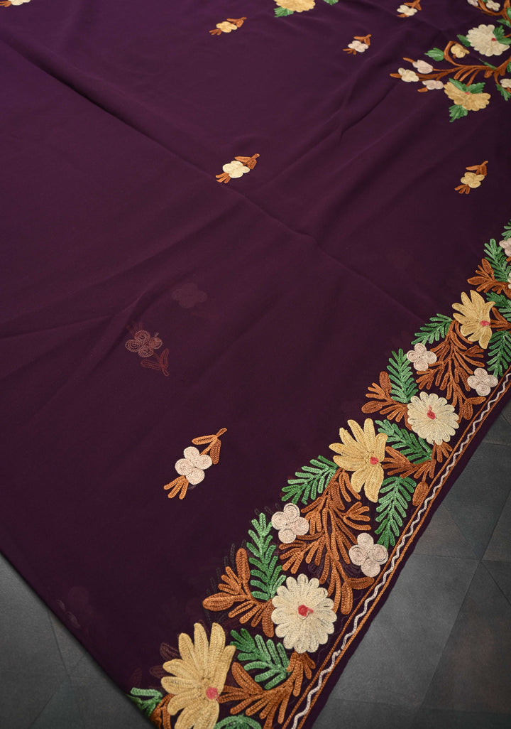 Plum Purple Kashmiri Aari Embroidered Floral Georgette Saree