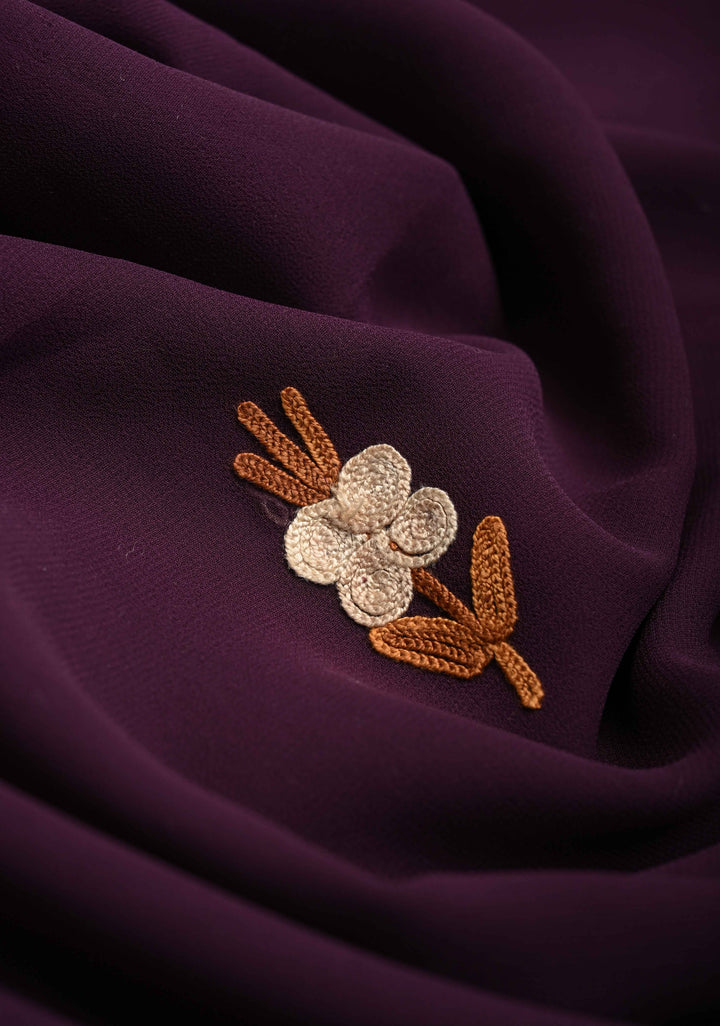 Plum Purple Kashmiri Aari Embroidered Floral Georgette Saree