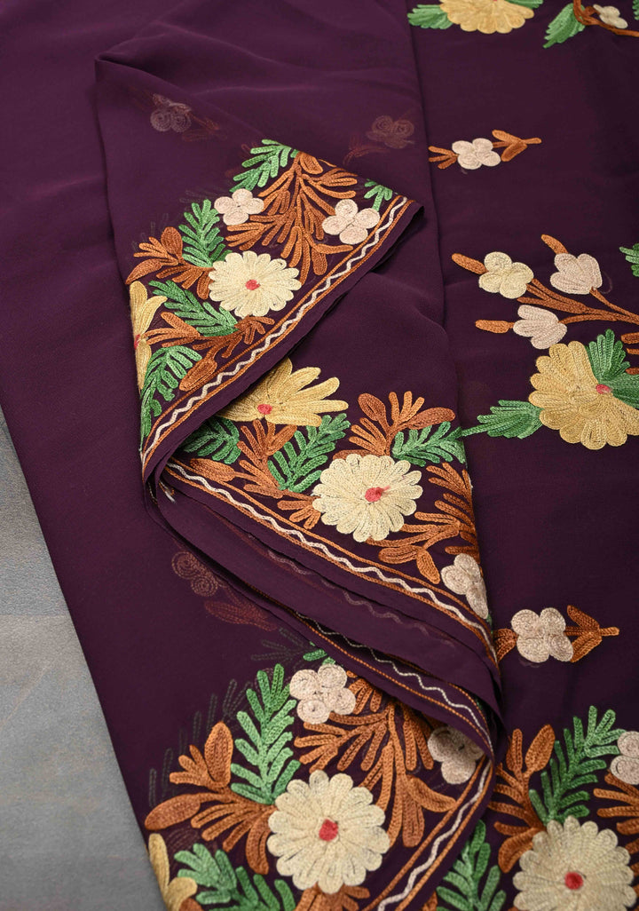Plum Purple Kashmiri Aari Embroidered Floral Georgette Saree
