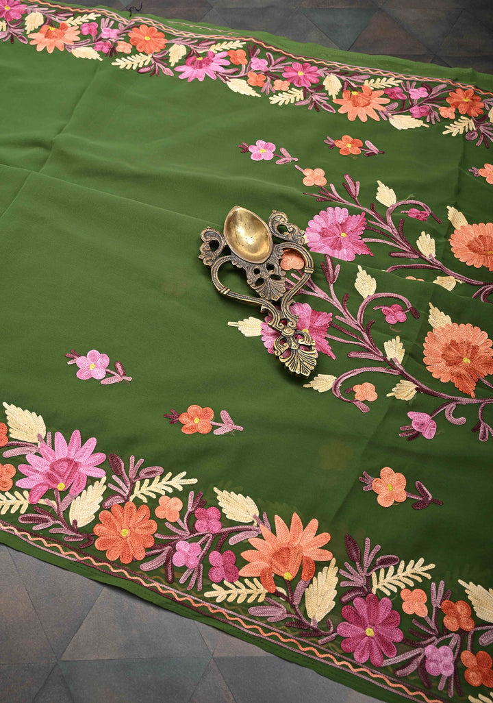Navy Green Kashmiri Aari Embroidered Floral Georgette Saree