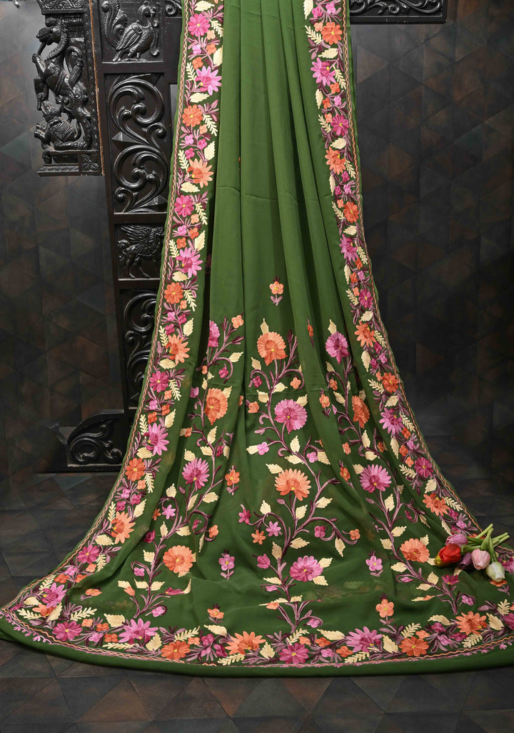 Navy Green Kashmiri Aari Embroidered Floral Georgette Saree