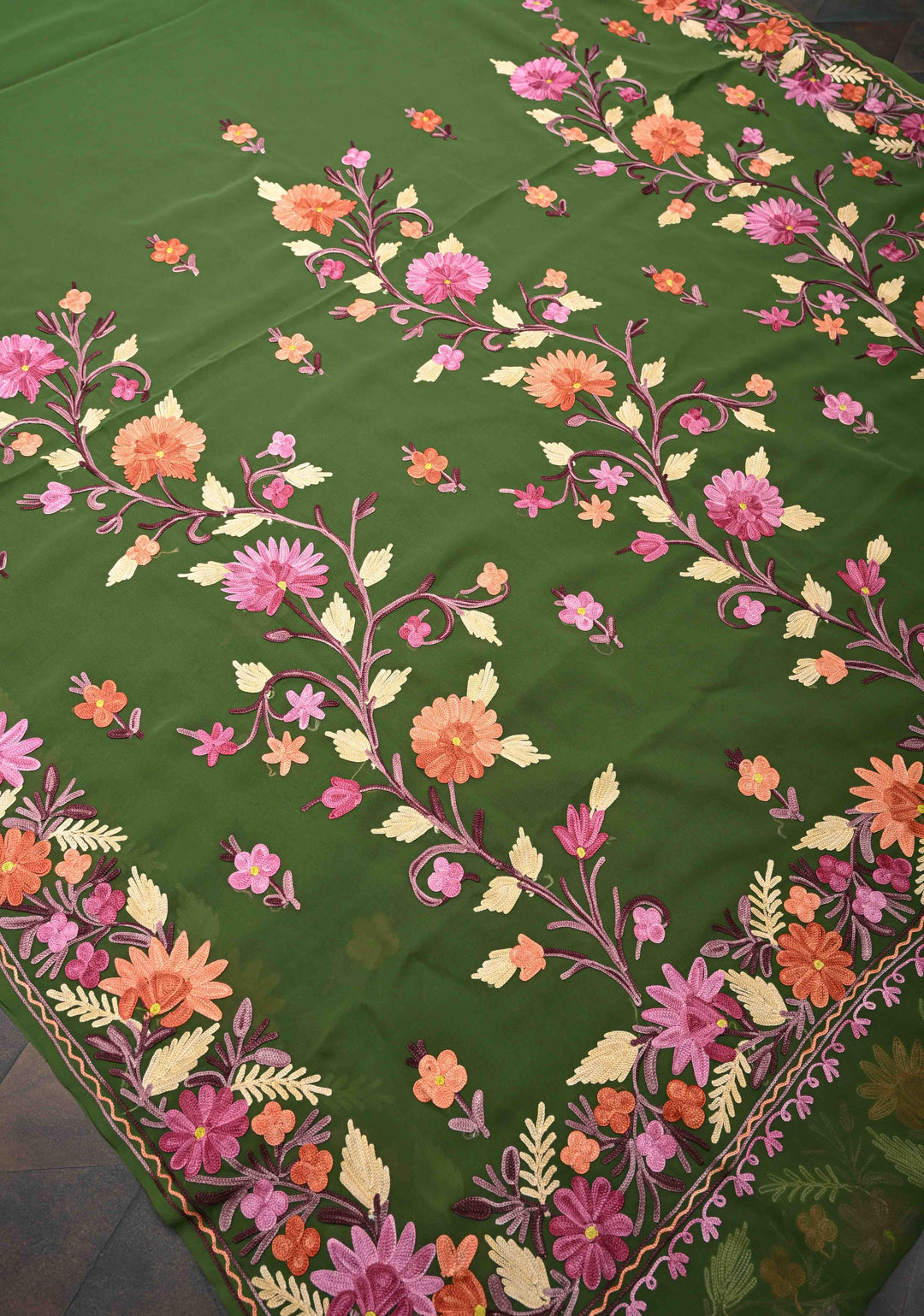 Navy Green Kashmiri Aari Embroidered Floral Georgette Saree