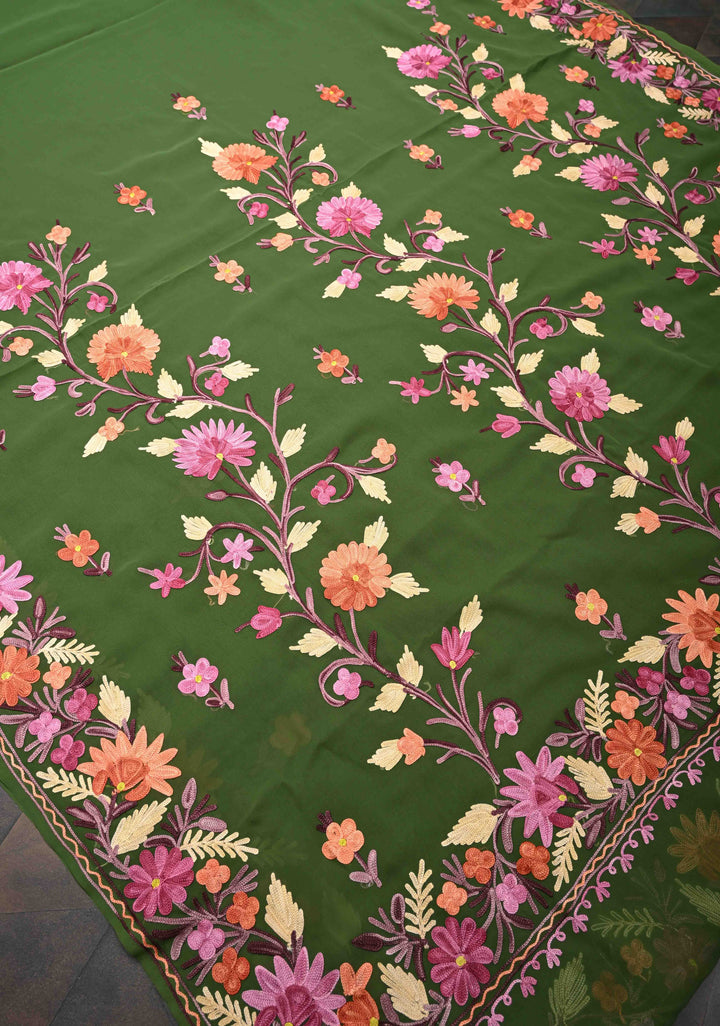Navy Green Kashmiri Aari Embroidered Floral Georgette Saree