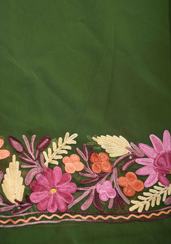 Navy Green Kashmiri Aari Embroidered Floral Georgette Saree