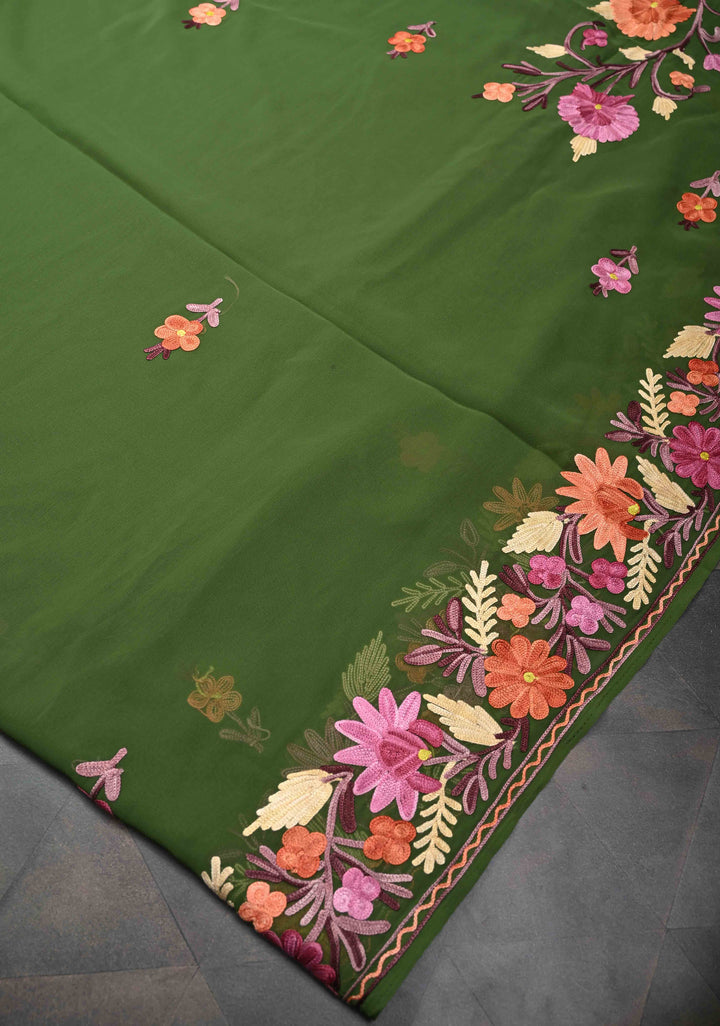 Navy Green Kashmiri Aari Embroidered Floral Georgette Saree