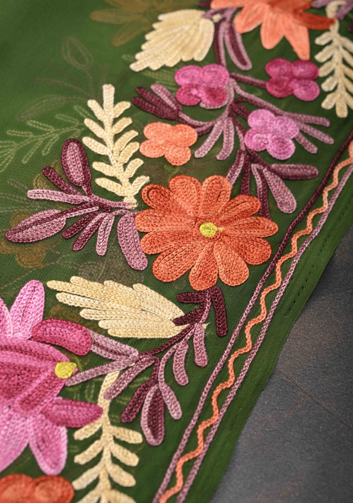 Navy Green Kashmiri Aari Embroidered Floral Georgette Saree