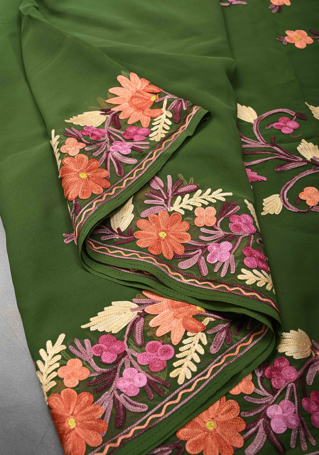 Navy Green Kashmiri Aari Embroidered Floral Georgette Saree