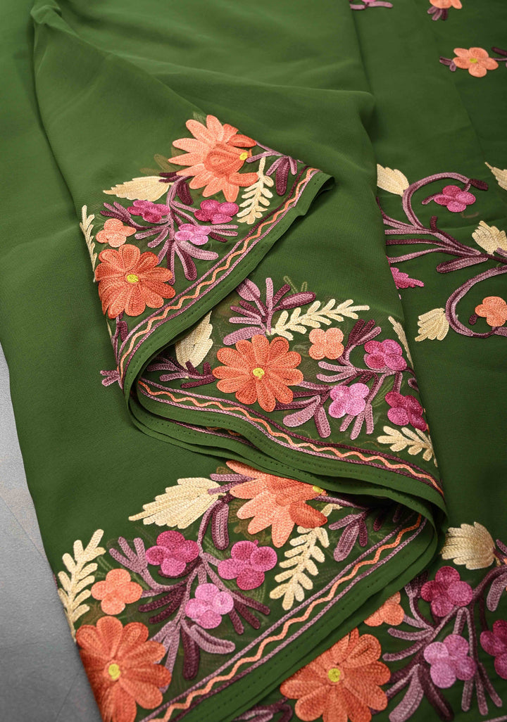 Navy Green Kashmiri Aari Embroidered Floral Georgette Saree