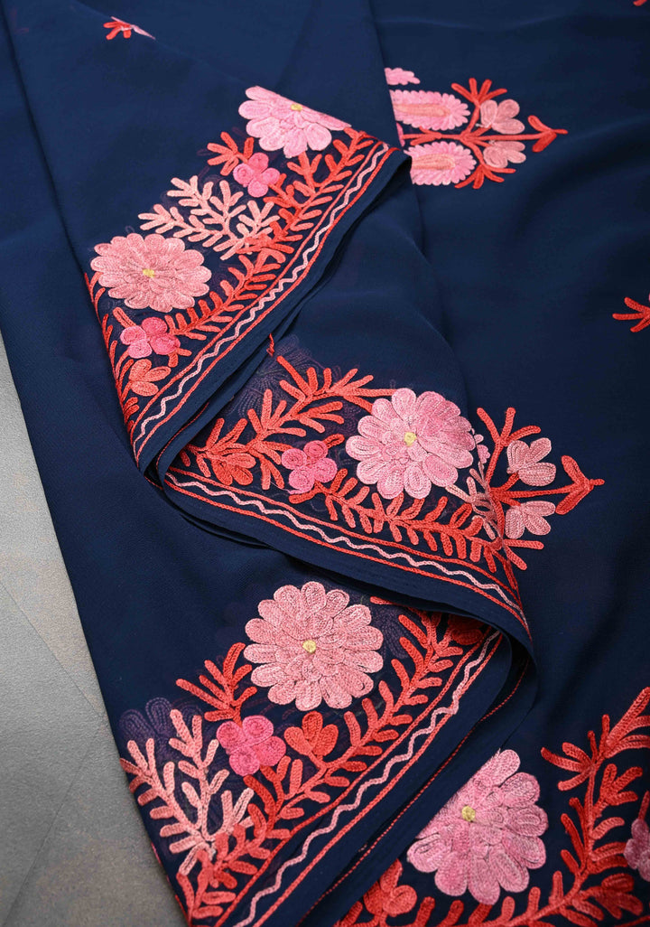 Blue Kashmiri Aari Embroidered Floral Georgette Saree