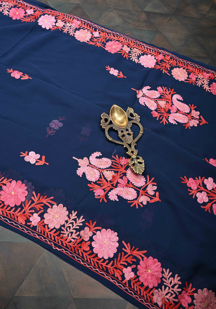 Blue Kashmiri Aari Embroidered Floral Georgette Saree