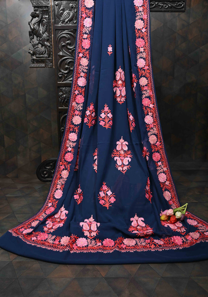 Blue Kashmiri Aari Embroidered Floral Georgette Saree