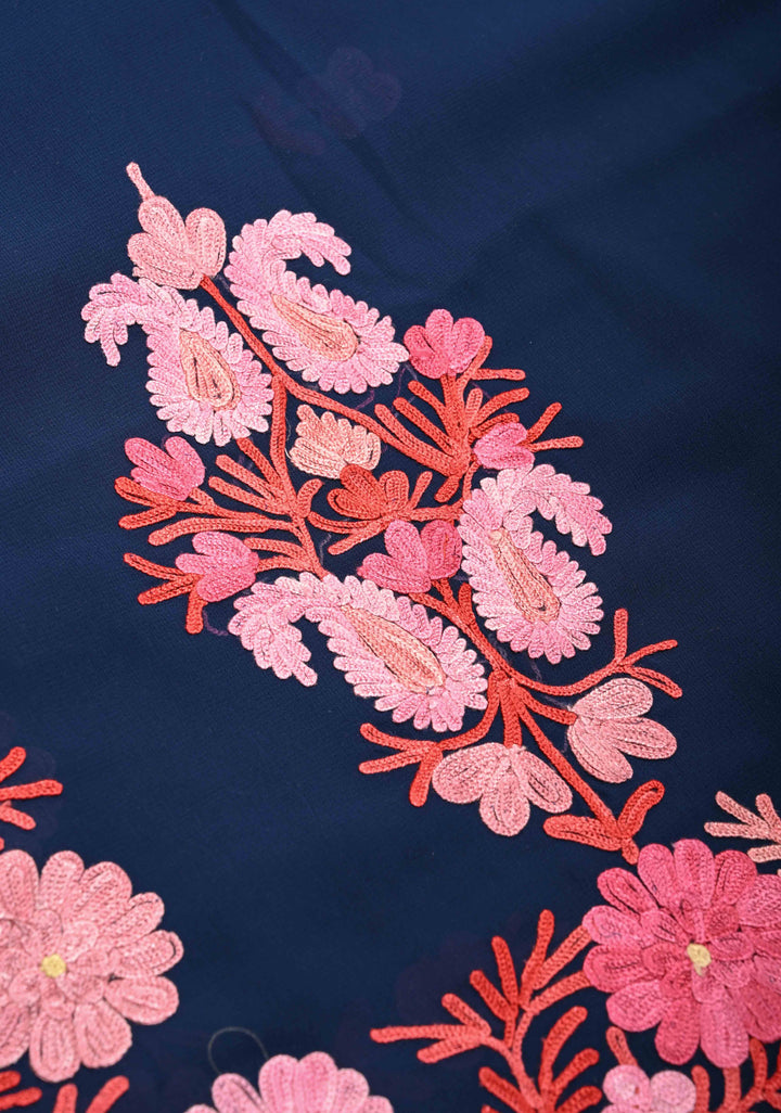 Blue Kashmiri Aari Embroidered Floral Georgette Saree