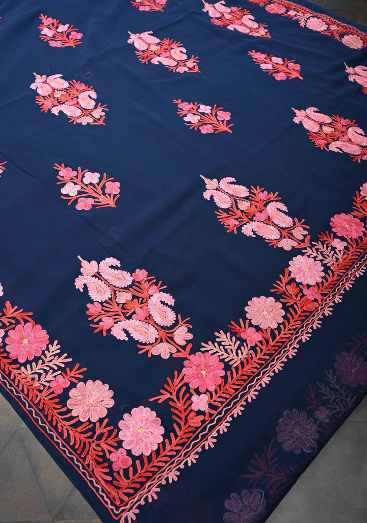 Blue Kashmiri Aari Embroidered Floral Georgette Saree