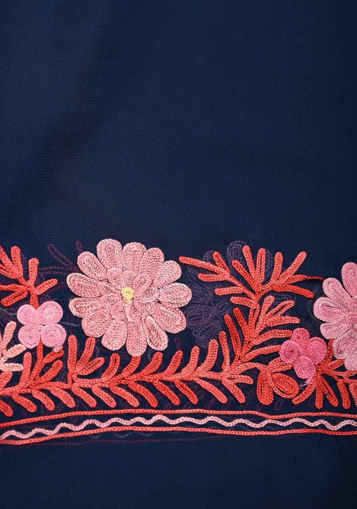 Blue Kashmiri Aari Embroidered Floral Georgette Saree
