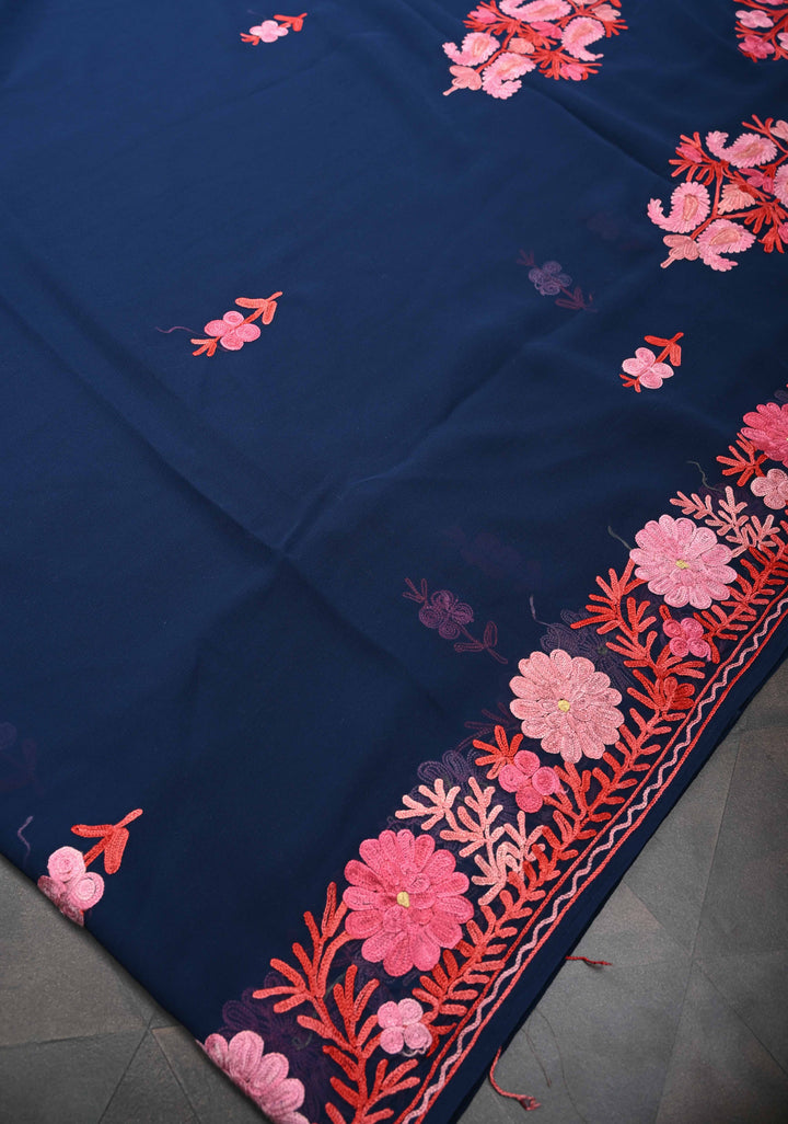 Blue Kashmiri Aari Embroidered Floral Georgette Saree