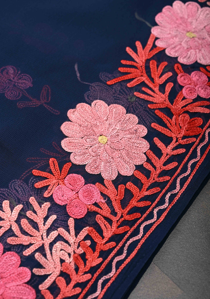 Blue Kashmiri Aari Embroidered Floral Georgette Saree