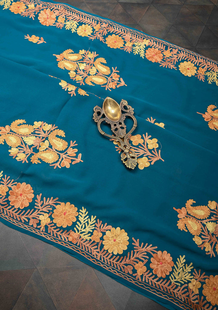 Regal Blue Kashmiri Aari Georgette Saree with Floral Embroidery