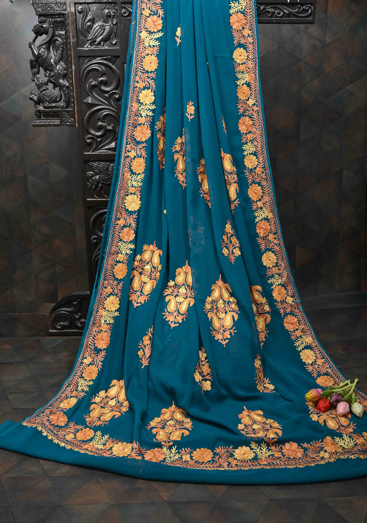 Regal Blue Kashmiri Aari Georgette Saree with Floral Embroidery