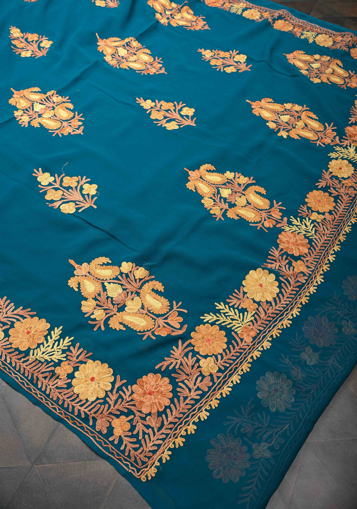 Regal Blue Kashmiri Aari Georgette Saree with Floral Embroidery