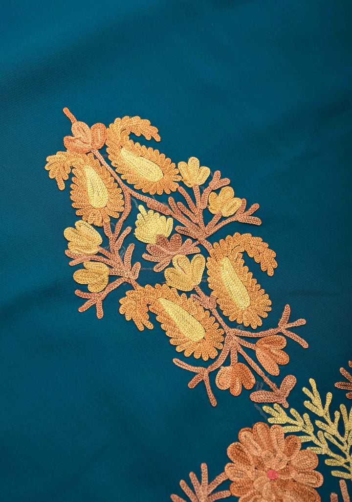 Regal Blue Kashmiri Aari Georgette Saree with Floral Embroidery