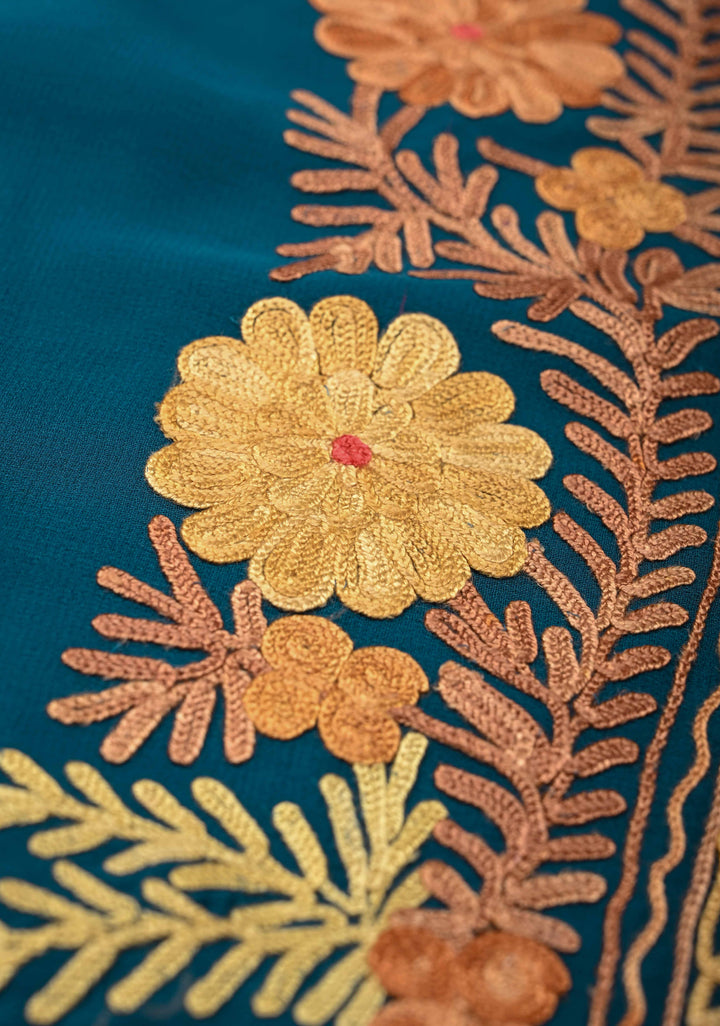 Regal Blue Kashmiri Aari Georgette Saree with Floral Embroidery