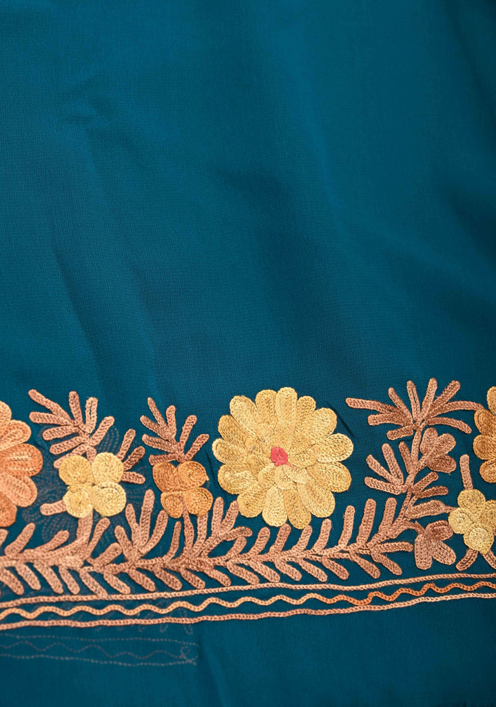 Regal Blue Kashmiri Aari Georgette Saree with Floral Embroidery