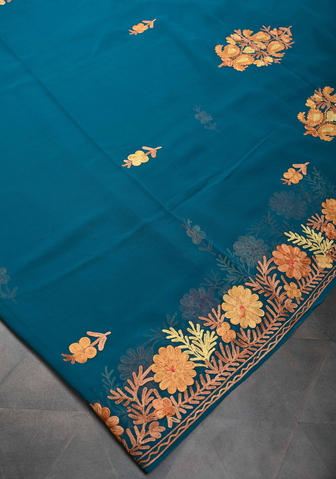 Regal Blue Kashmiri Aari Georgette Saree with Floral Embroidery