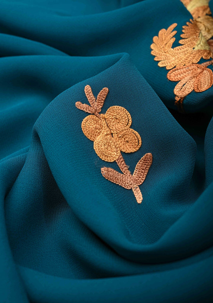Regal Blue Kashmiri Aari Georgette Saree with Floral Embroidery