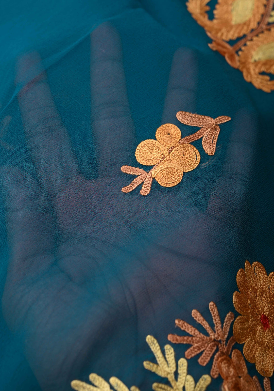 Regal Blue Kashmiri Aari Georgette Saree with Floral Embroidery