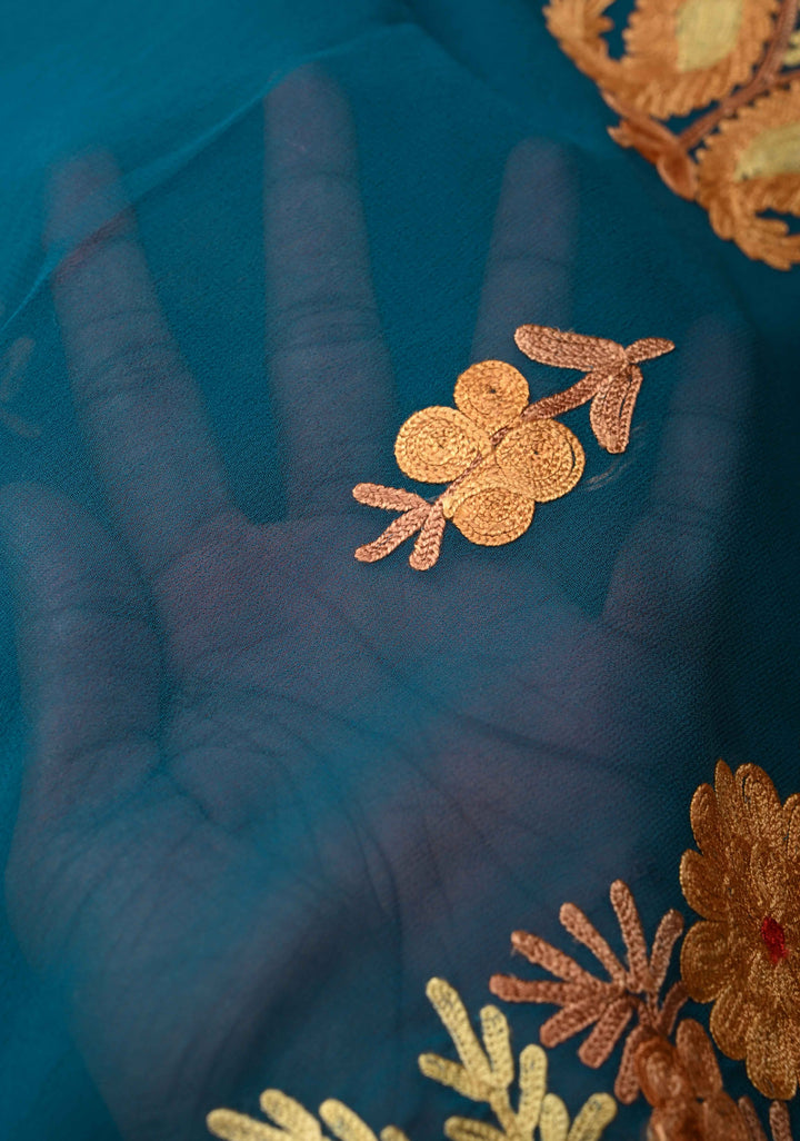 Regal Blue Kashmiri Aari Georgette Saree with Floral Embroidery