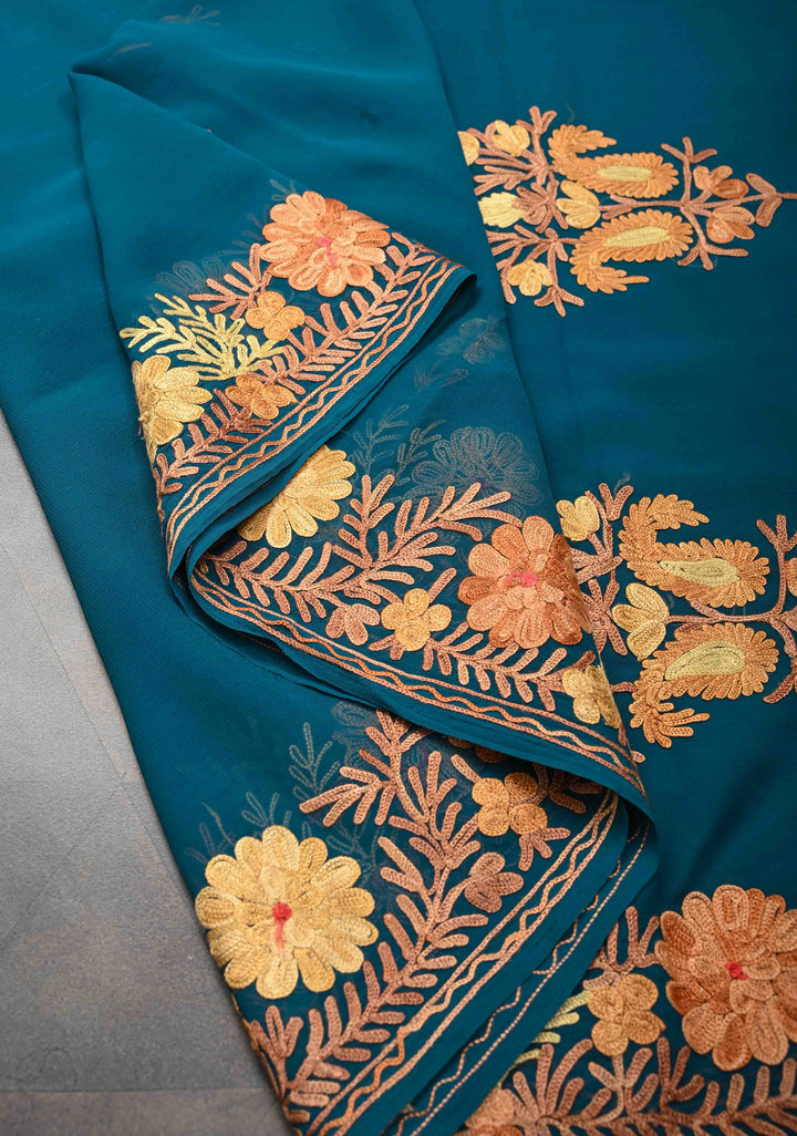 Regal Blue Kashmiri Aari Georgette Saree with Floral Embroidery