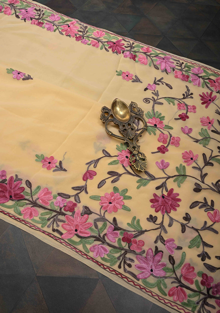 Butter Yellow Kashmiri Aari Georgette Saree with Floral Embroidery
