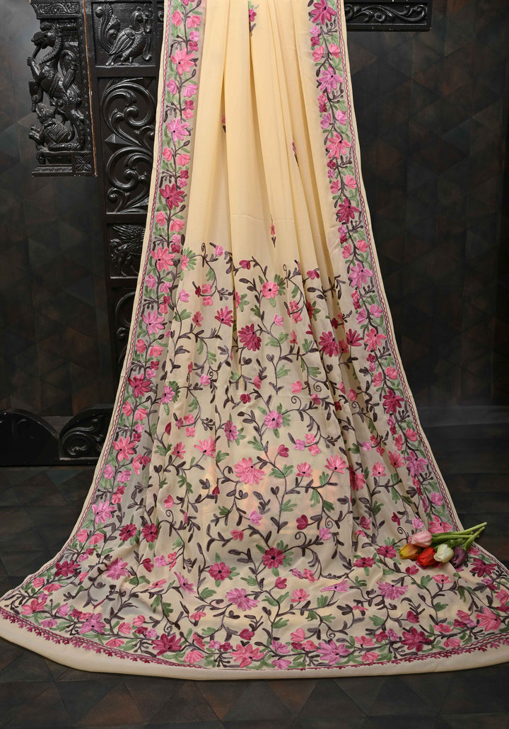 Butter Yellow Kashmiri Aari Georgette Saree with Floral Embroidery