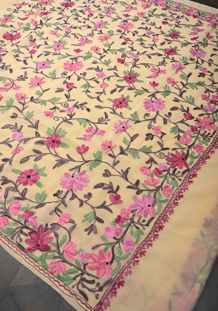 Butter Yellow Kashmiri Aari Georgette Saree with Floral Embroidery