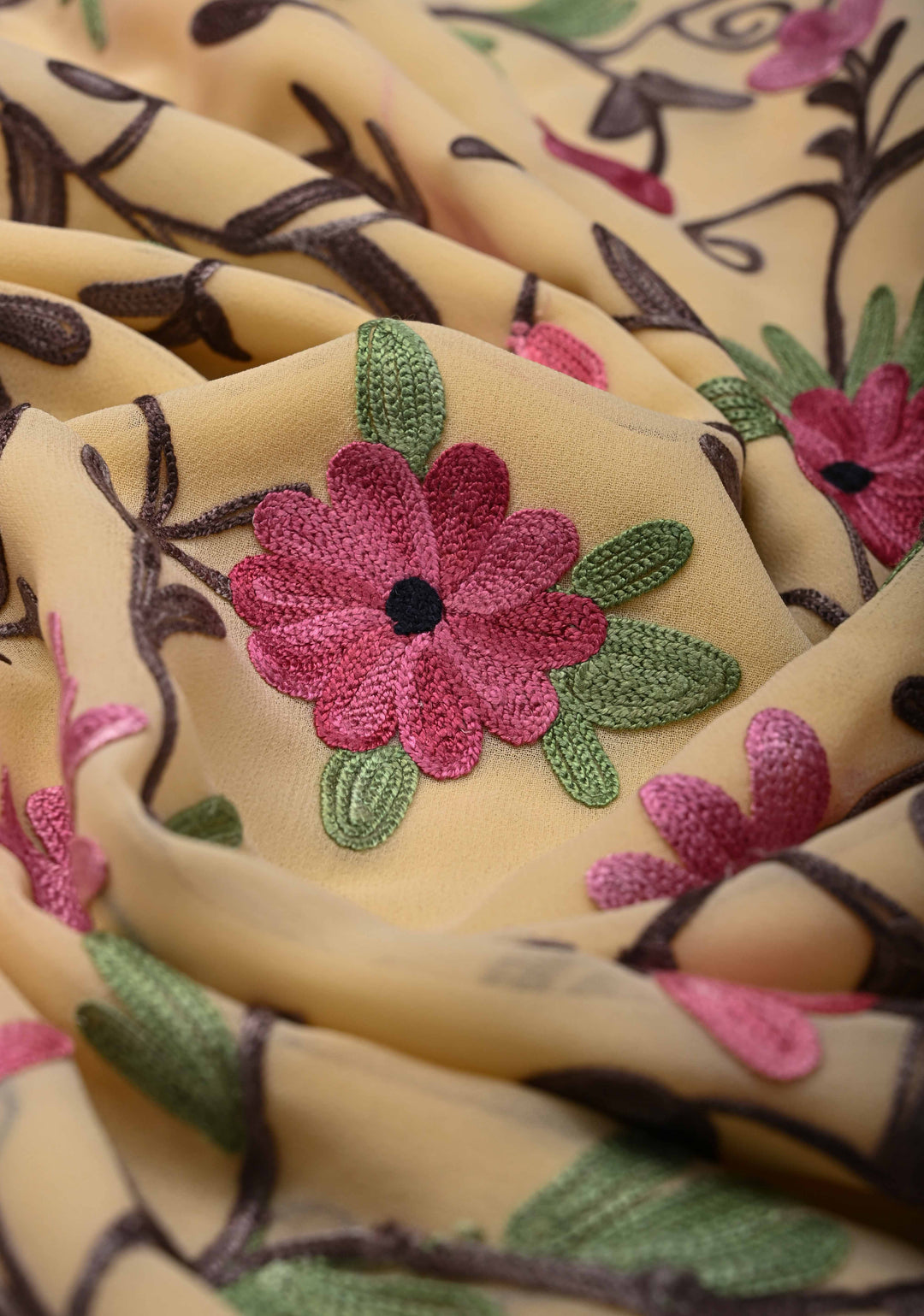 Butter Yellow Kashmiri Aari Georgette Saree with Floral Embroidery