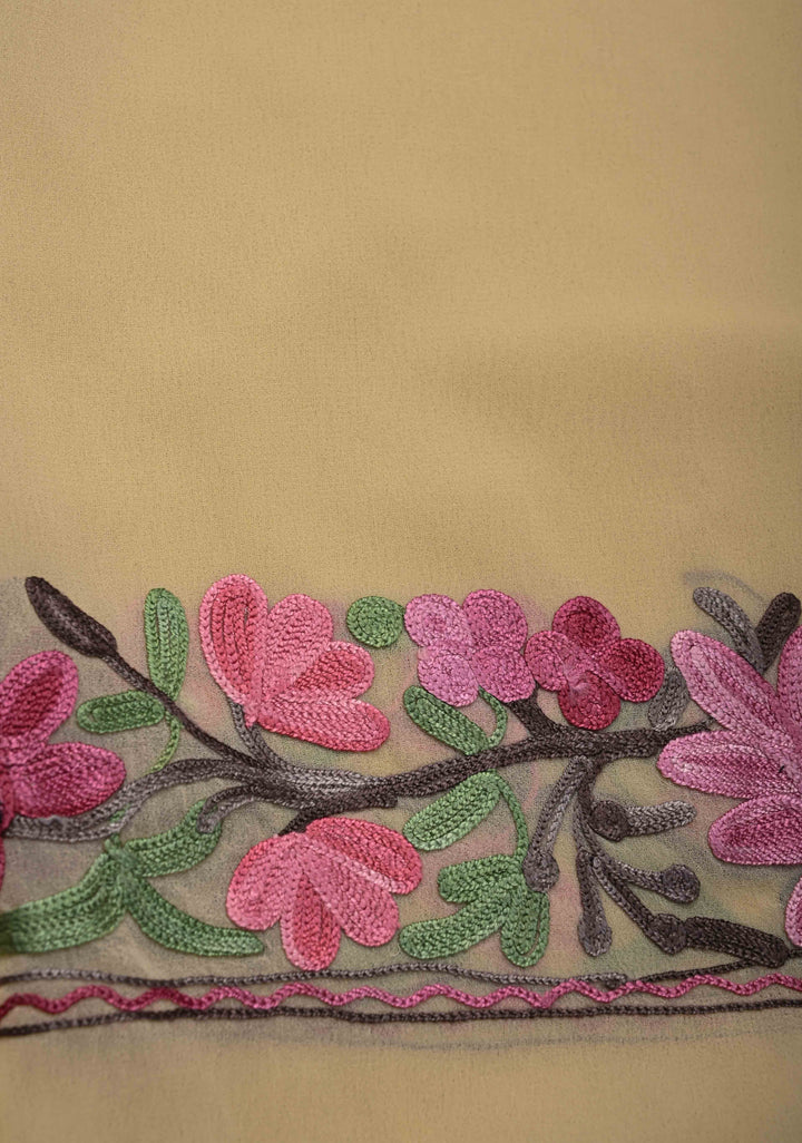 Butter Yellow Kashmiri Aari Georgette Saree with Floral Embroidery