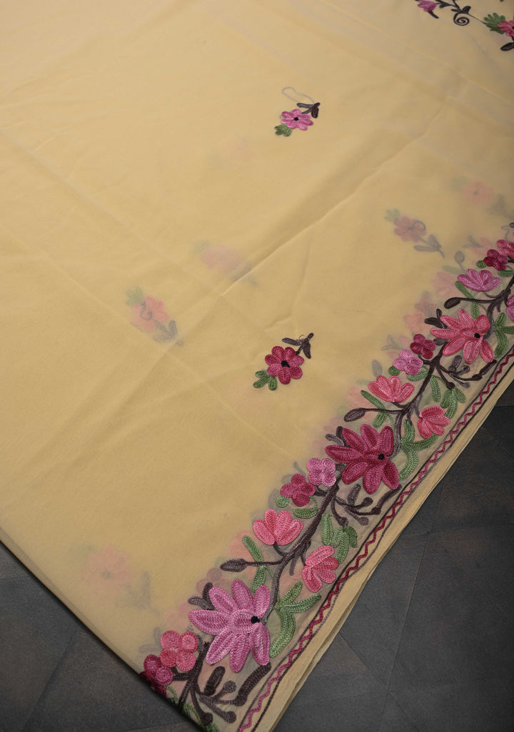 Butter Yellow Kashmiri Aari Georgette Saree with Floral Embroidery